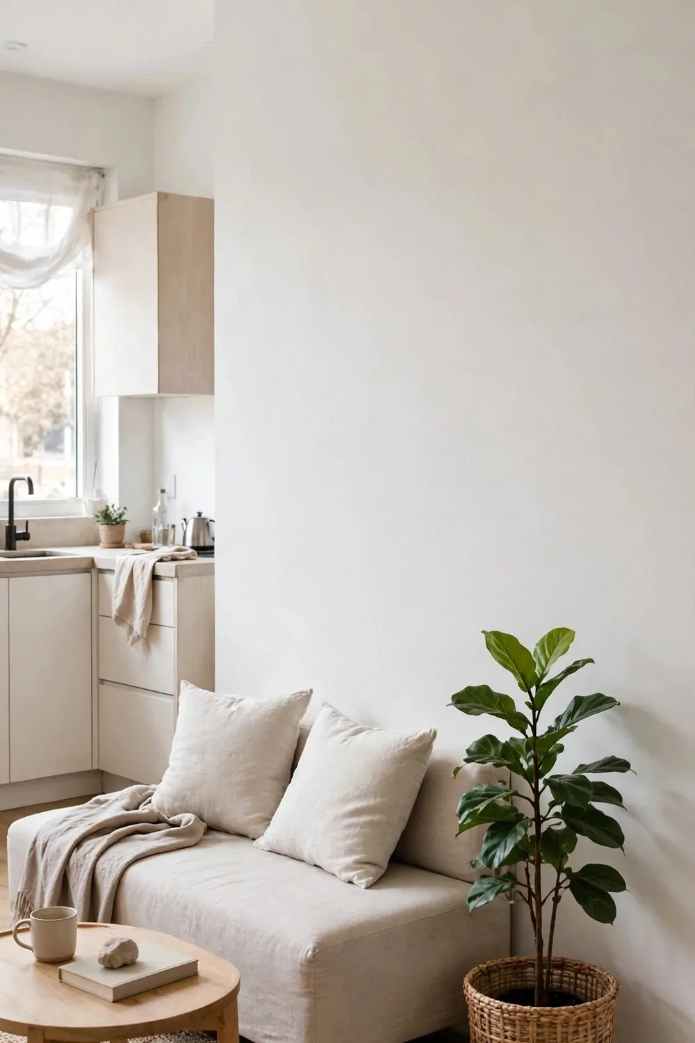 23 Studio Living Tricks for Making One Room Feel Like Many 15 A studio apartment with one completely blank white wall and simple furniture