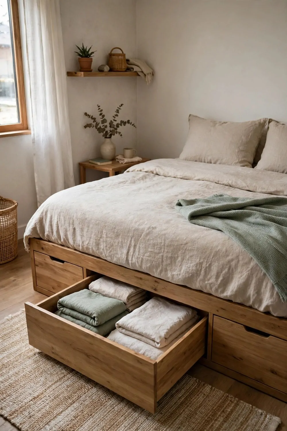 23 Studio Living Tricks for Making One Room Feel Like Many 16 A bed with built-in drawers, one drawer open showing folded bedding