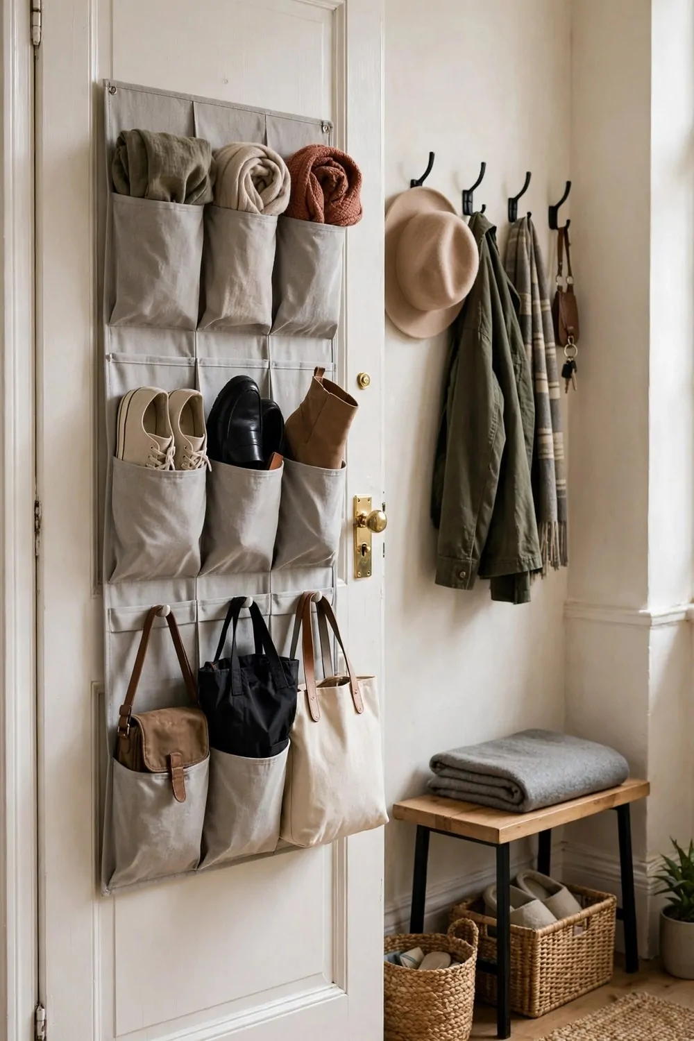 23 Studio Living Tricks for Making One Room Feel Like Many 17 The back of a door fitted with hanging organizers holding shoes, scarves and bags
