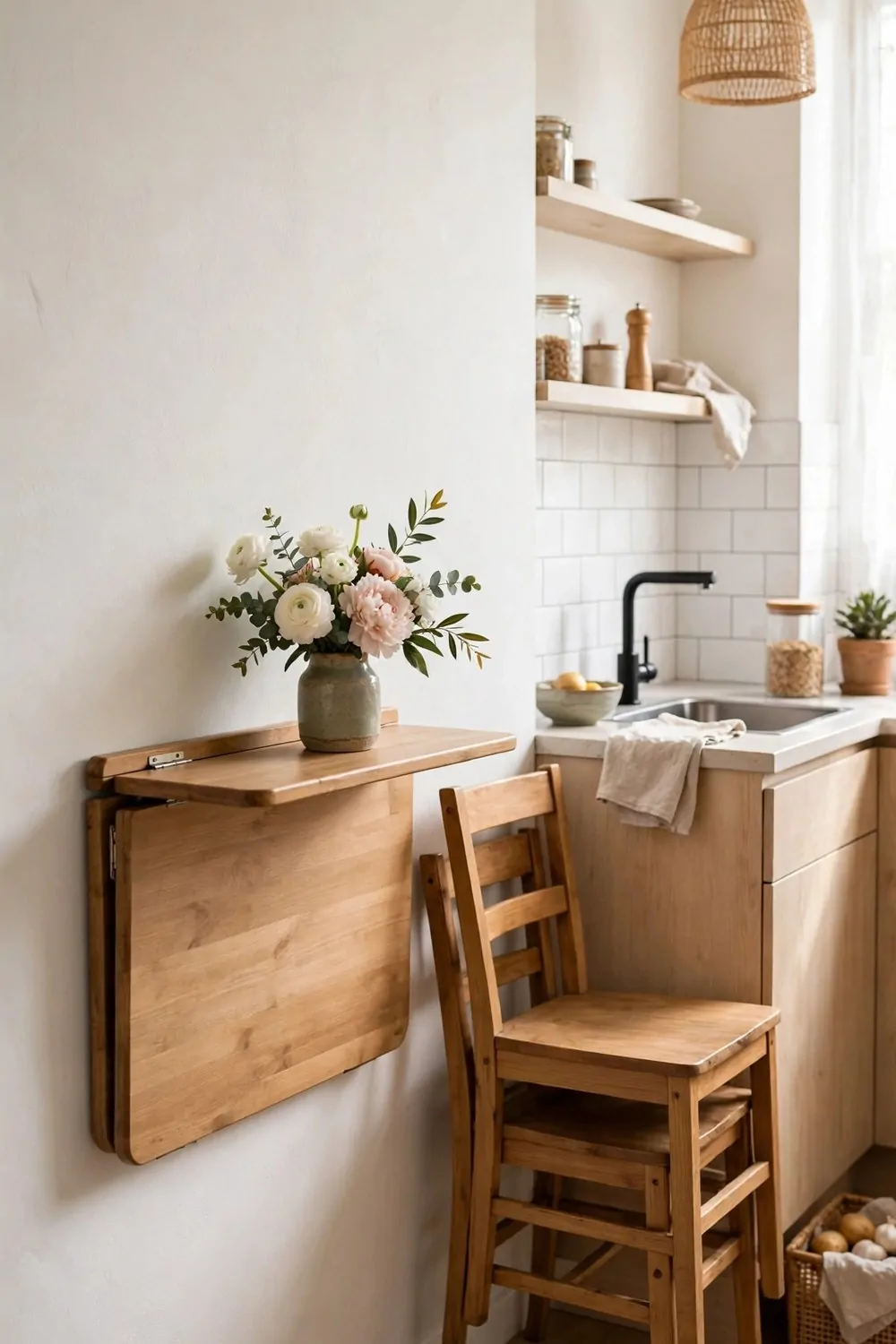 23 Studio Living Tricks for Making One Room Feel Like Many 18 A drop-leaf dining table folded against the wall with two stacked chairs beside it