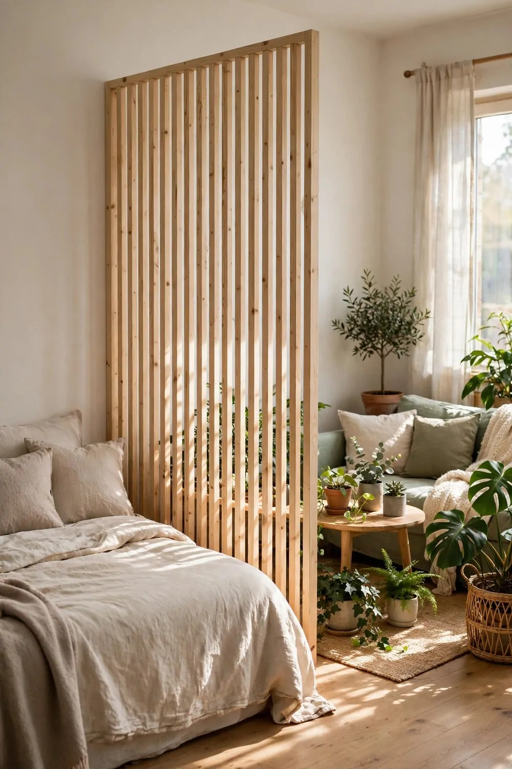 23 Studio Living Tricks for Making One Room Feel Like Many 19 A light wooden slatted screen standing between a bed and a sofa with plants nearby
