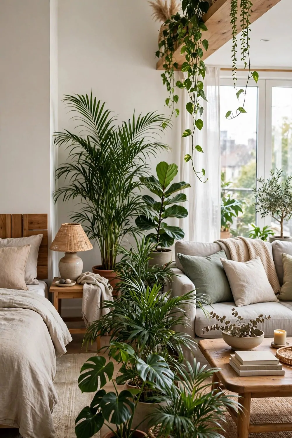 23 Studio Living Tricks for Making One Room Feel Like Many 20 Tall leafy plants in pots forming a green divider between sleeping and living areas