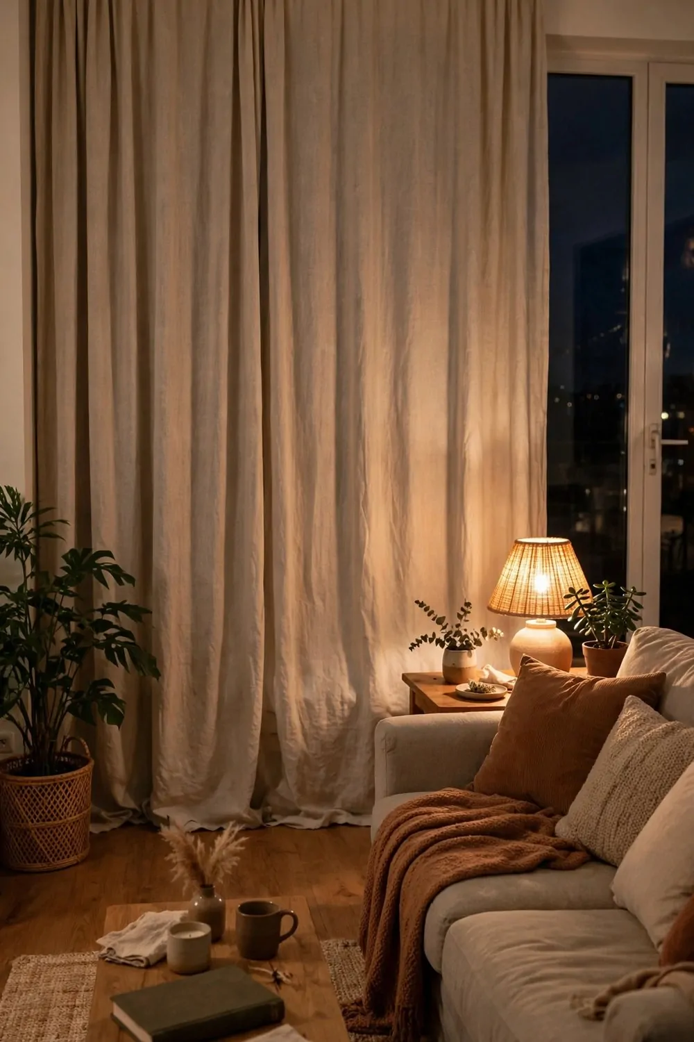 23 Studio Living Tricks for Making One Room Feel Like Many 21 A studio apartment at night with the bed hidden behind drawn curtains and a lamp glowing