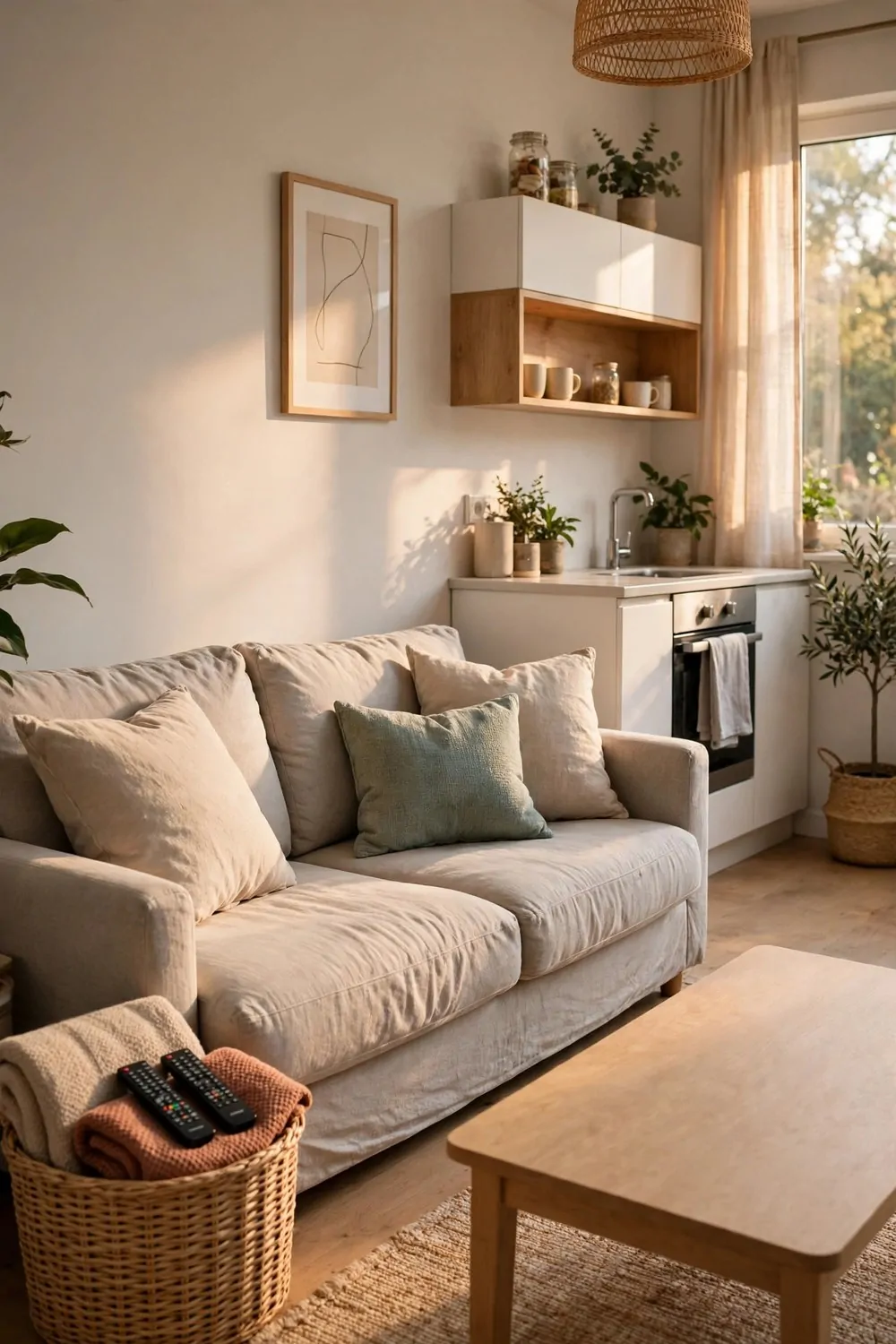 23 Studio Living Tricks for Making One Room Feel Like Many 23 A tidy studio apartment with a woven basket of throws beside a plumped sofa