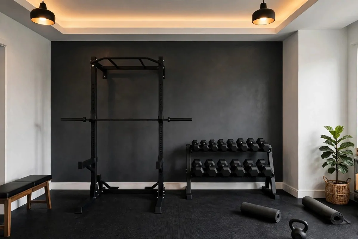 23 Stylish Home Gym Designs That Look Like Boutique Studios 1 Stylish home gym with deep charcoal feature wall, weight rack and dumbbell stand