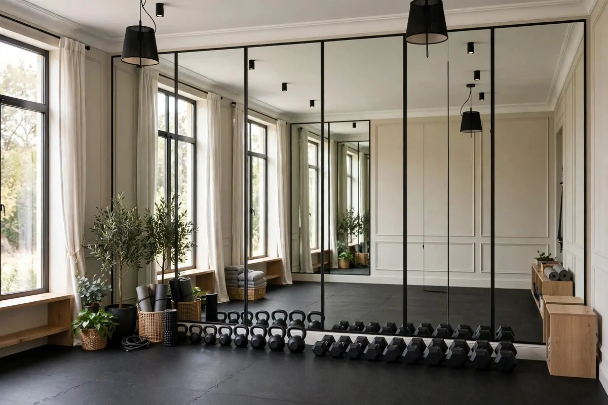 23 Stylish Home Gym Designs That Look Like Boutique Studios 2 Home gym interior with full-length mirror wall panels and kettlebell storage