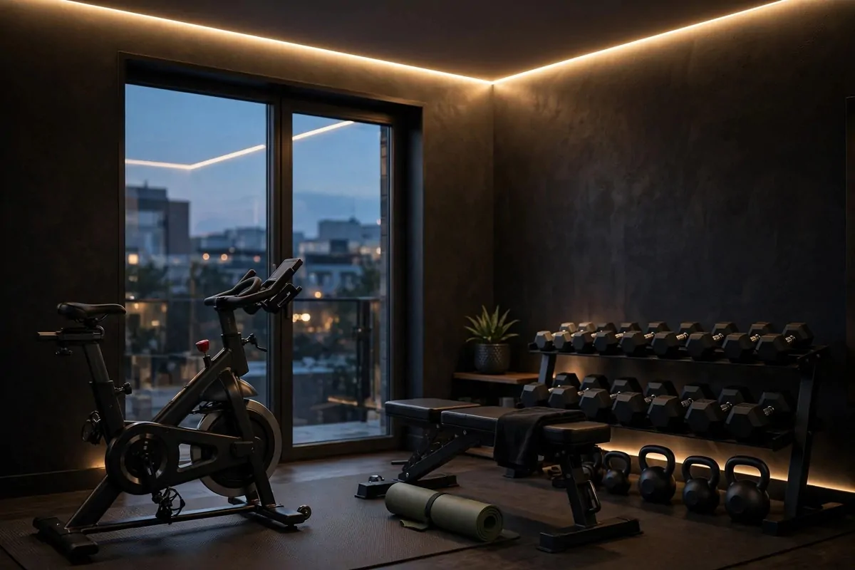 23 Stylish Home Gym Designs That Look Like Boutique Studios 3 Home gym with warm LED strip lighting along the ceiling edge and exercise equipment