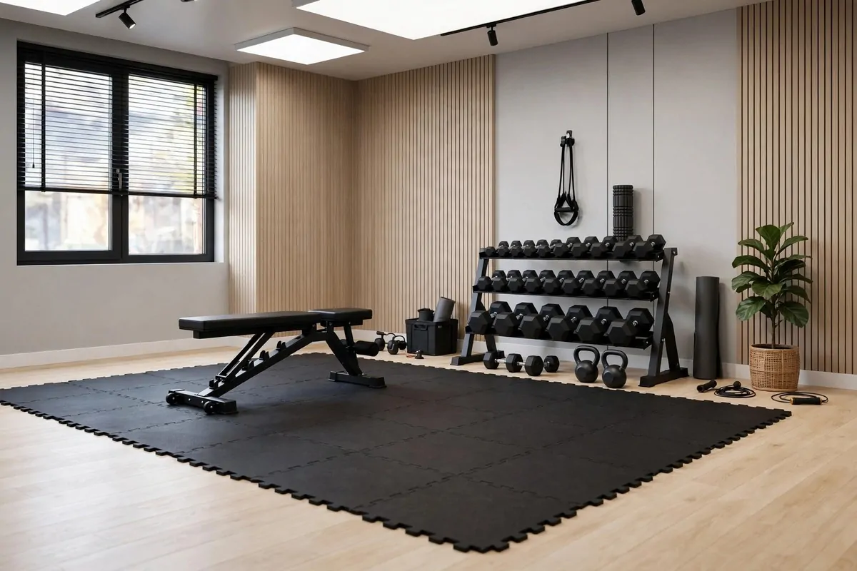 23 Stylish Home Gym Designs That Look Like Boutique Studios 4 Home gym with dark interlocking rubber floor tiles and weight bench