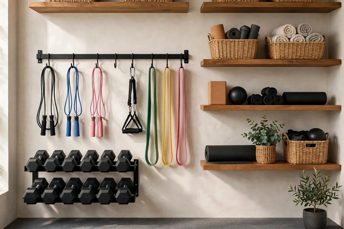 23 Stylish Home Gym Designs That Look Like Boutique Studios 5 Organised home gym equipment wall with hooks, shelves and dumbbell rack