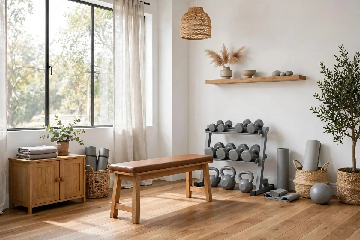 23 Stylish Home Gym Designs That Look Like Boutique Studios 6 Bright home gym with warm wood floor and oak storage cabinet