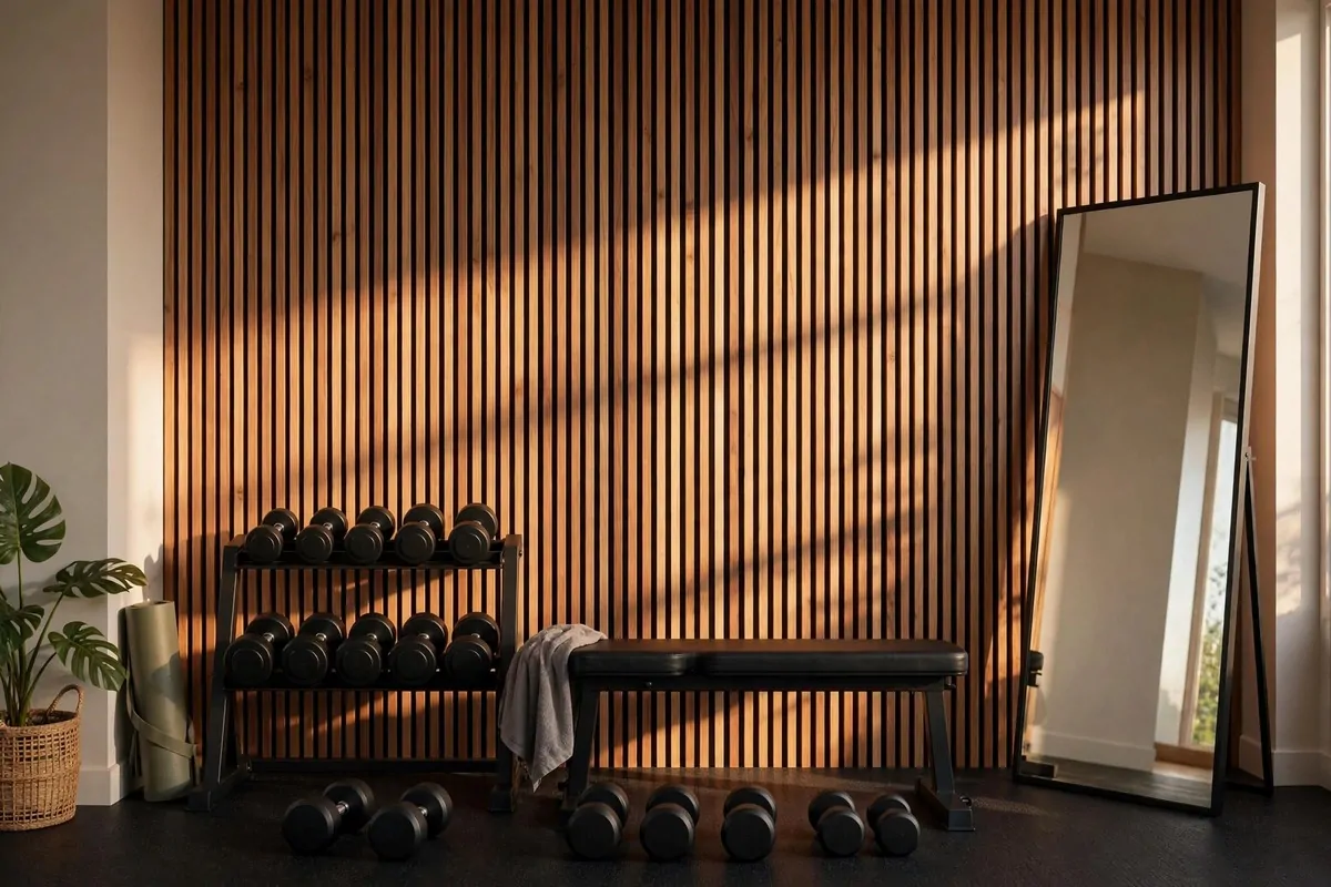 23 Stylish Home Gym Designs That Look Like Boutique Studios 7 Home gym with vertical slatted wood feature wall and mirror