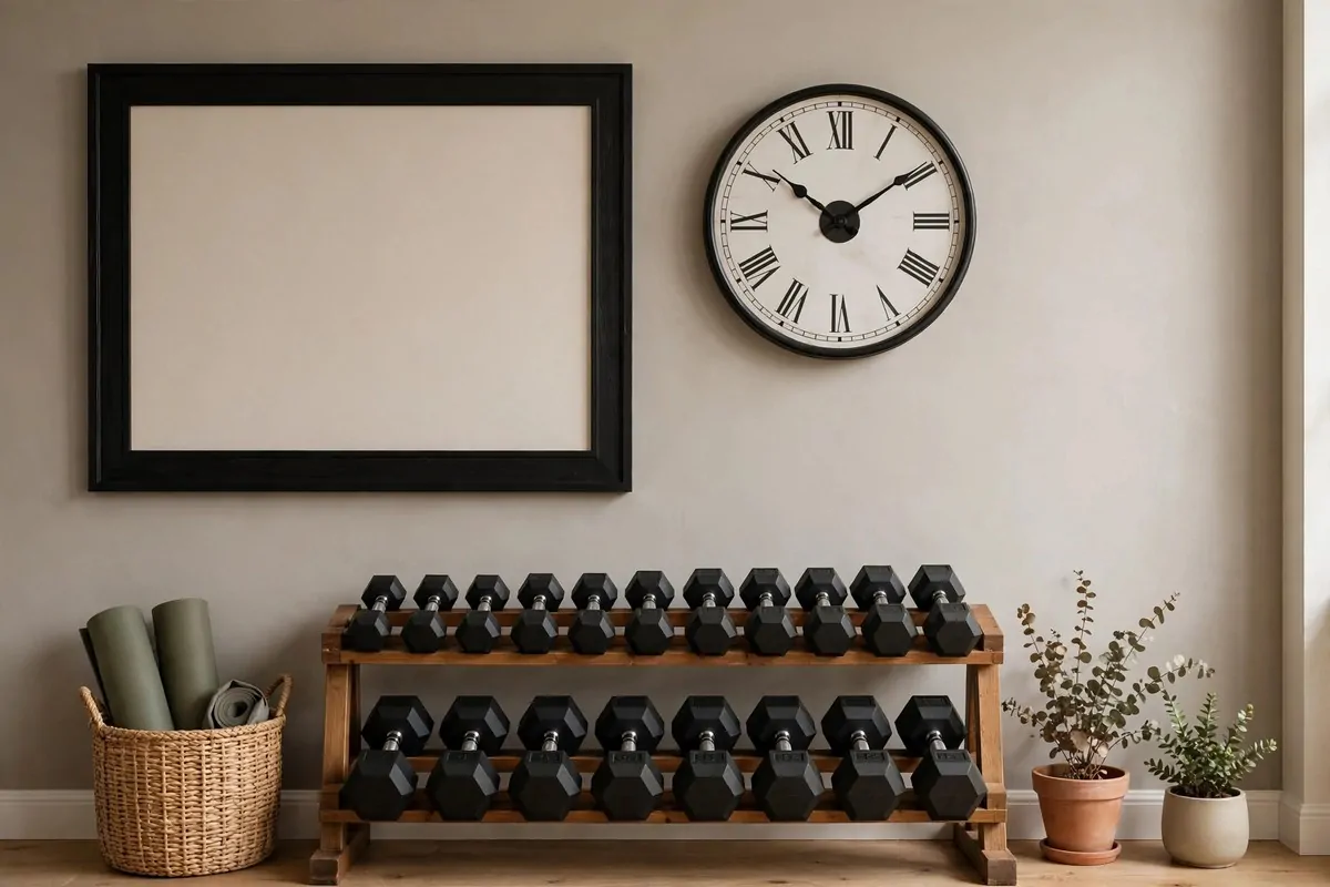 23 Stylish Home Gym Designs That Look Like Boutique Studios 8 Home gym wall with framed motivational sign and large round clock