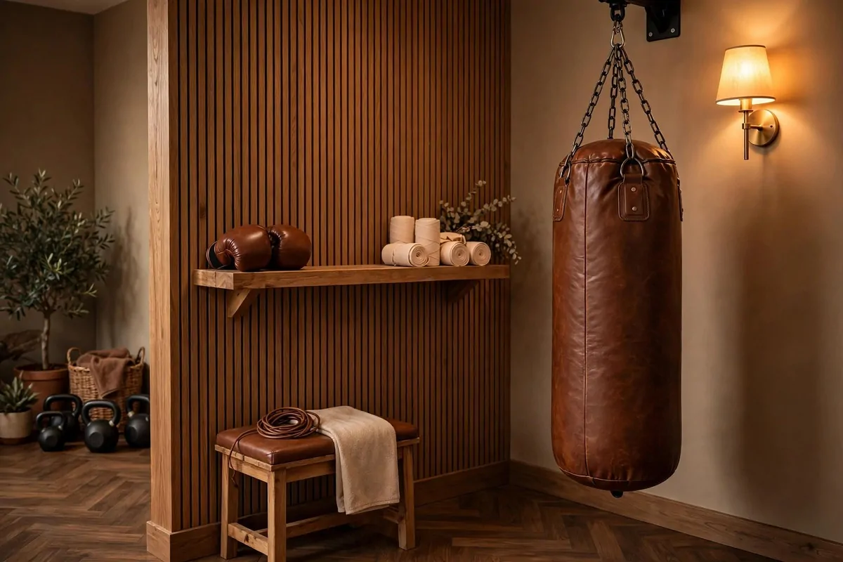 23 Stylish Home Gym Designs That Look Like Boutique Studios 9 Home gym boxing corner with hanging leather punching bag and wooden shelf