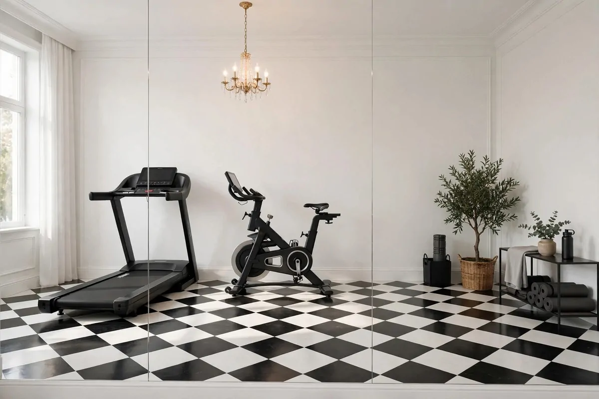 23 Stylish Home Gym Designs That Look Like Boutique Studios 10 Home gym cardio corner with black and white checkerboard floor and treadmills