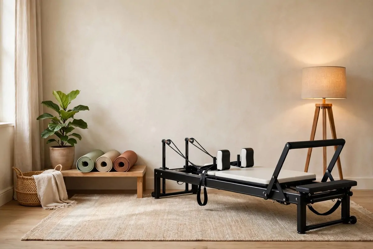 23 Stylish Home Gym Designs That Look Like Boutique Studios 11 Calm home Pilates corner with reformer, soft rug and warm lamp light