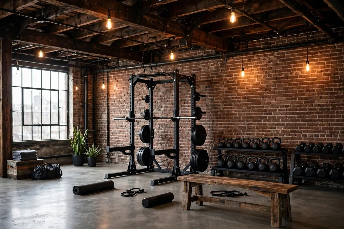 23 Stylish Home Gym Designs That Look Like Boutique Studios 12 Industrial home gym with exposed ceiling beams, concrete floor and dark rack