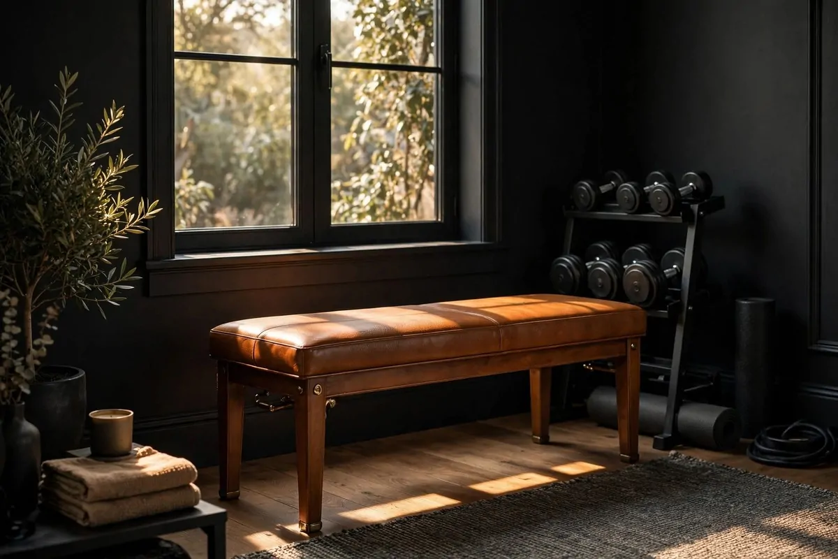 23 Stylish Home Gym Designs That Look Like Boutique Studios 13 Moody home gym with charcoal walls and tan leather workout bench