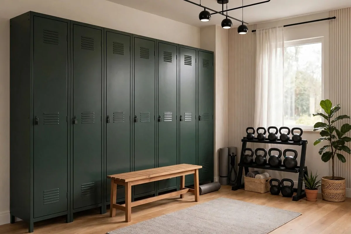 23 Stylish Home Gym Designs That Look Like Boutique Studios 14 Home gym with row of tall storage lockers and wooden bench
