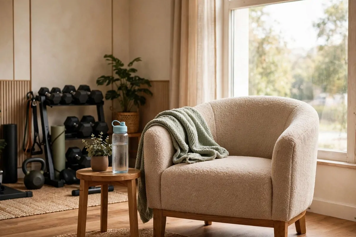 23 Stylish Home Gym Designs That Look Like Boutique Studios 15 Home gym lounge corner with armchair, side table and soft textiles