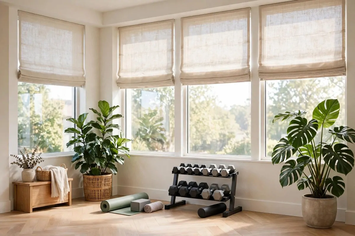 23 Stylish Home Gym Designs That Look Like Boutique Studios 16 Bright home gym with large windows, leafy plants and yoga mat
