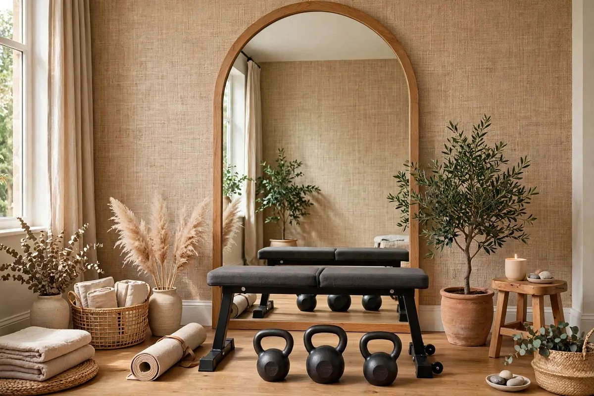 23 Stylish Home Gym Designs That Look Like Boutique Studios 17 Home gym with textured grasscloth wallpaper feature wall and mirror