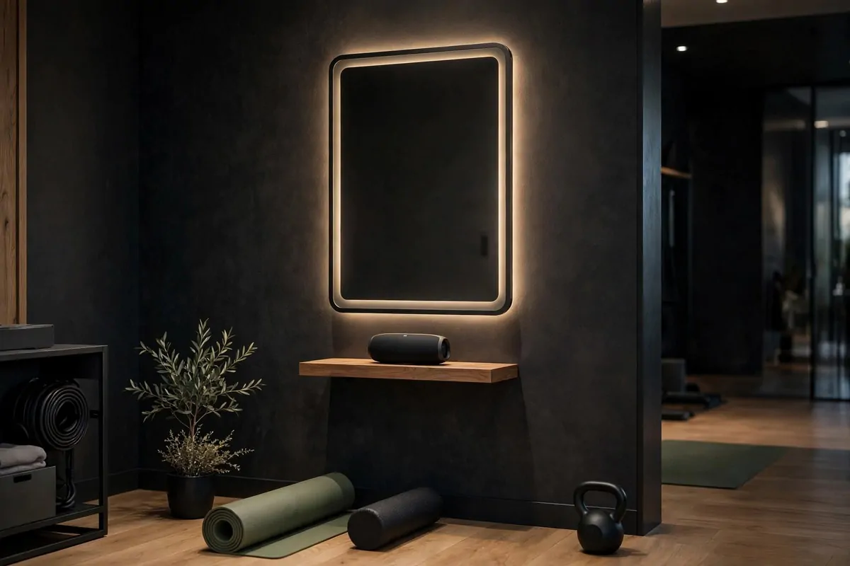 23 Stylish Home Gym Designs That Look Like Boutique Studios 18 Home gym with smart mirror on wall and small speaker shelf