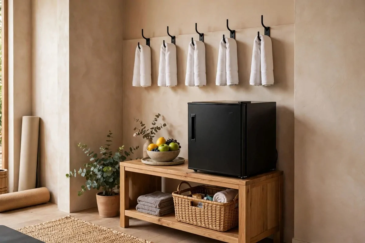 23 Stylish Home Gym Designs That Look Like Boutique Studios 19 Home gym water station with mini fridge, rolled towels and fruit tray