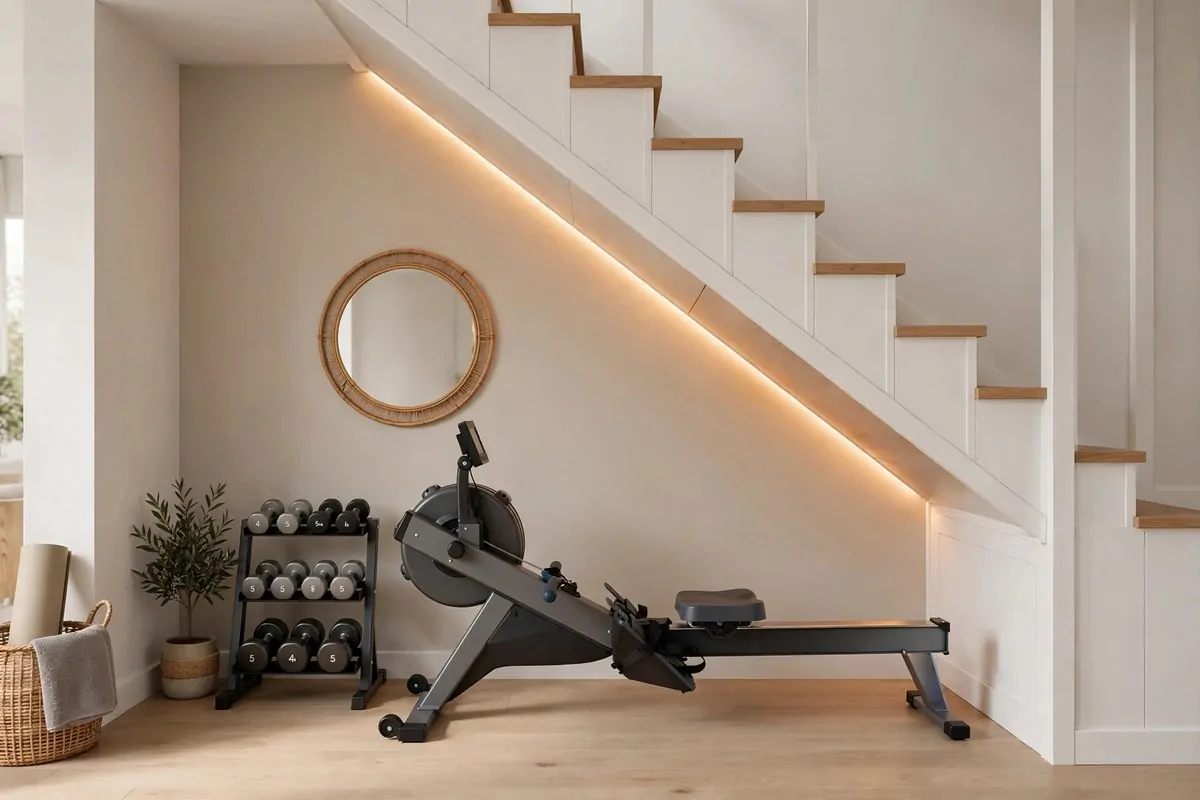 23 Stylish Home Gym Designs That Look Like Boutique Studios 20 Under-stairs home gym nook with rowing machine and dumbbell rack