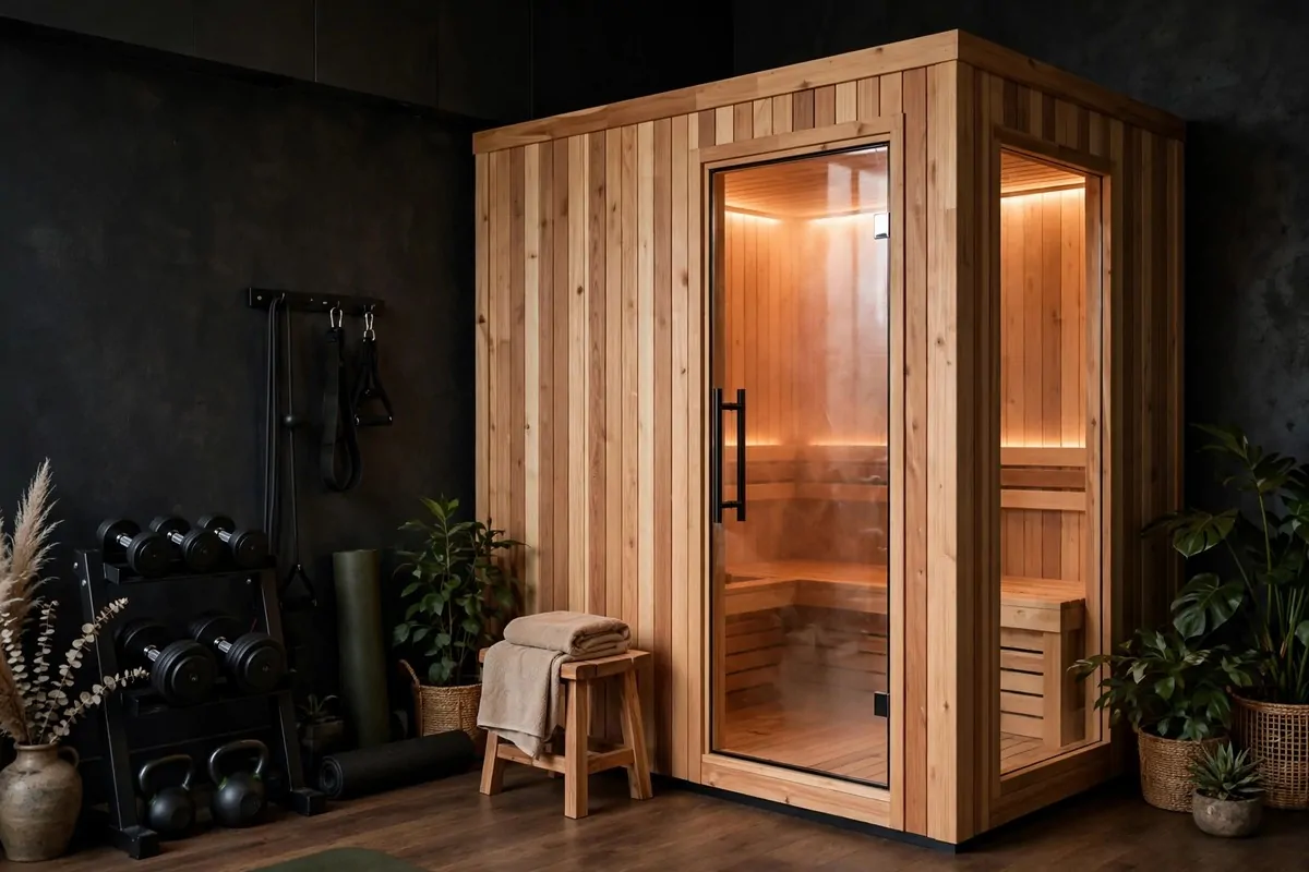 23 Stylish Home Gym Designs That Look Like Boutique Studios 22 Home gym with compact glass-fronted wooden sauna cabin