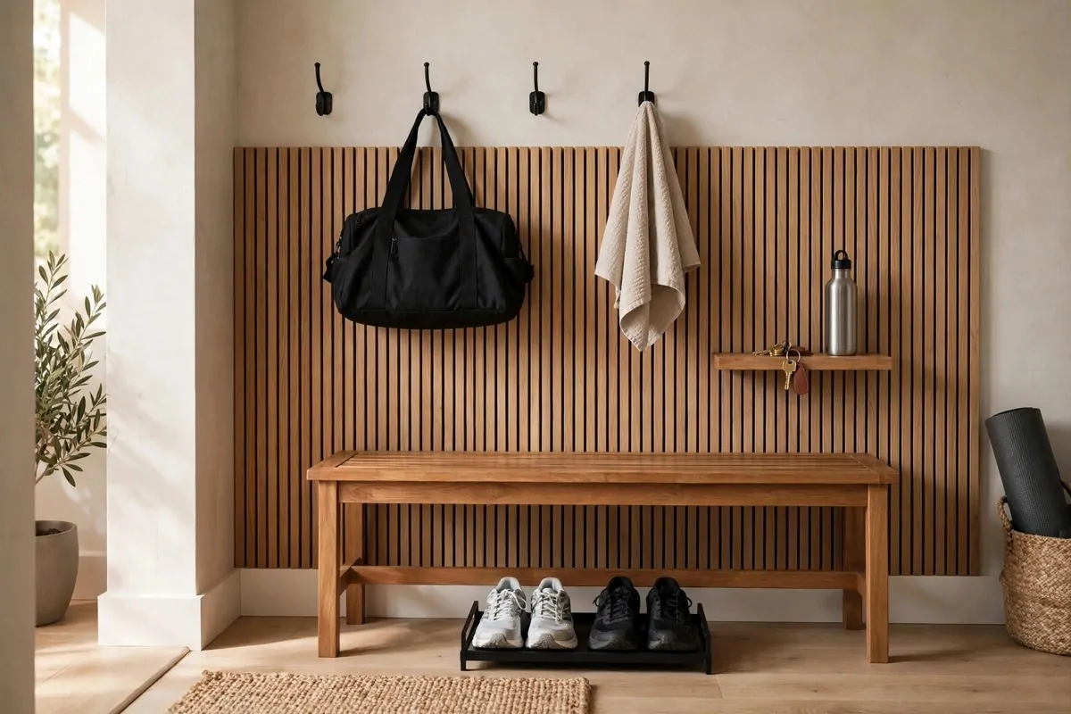 23 Stylish Home Gym Designs That Look Like Boutique Studios 23 Home gym entrance zone with bench, wall hooks and shoe tray