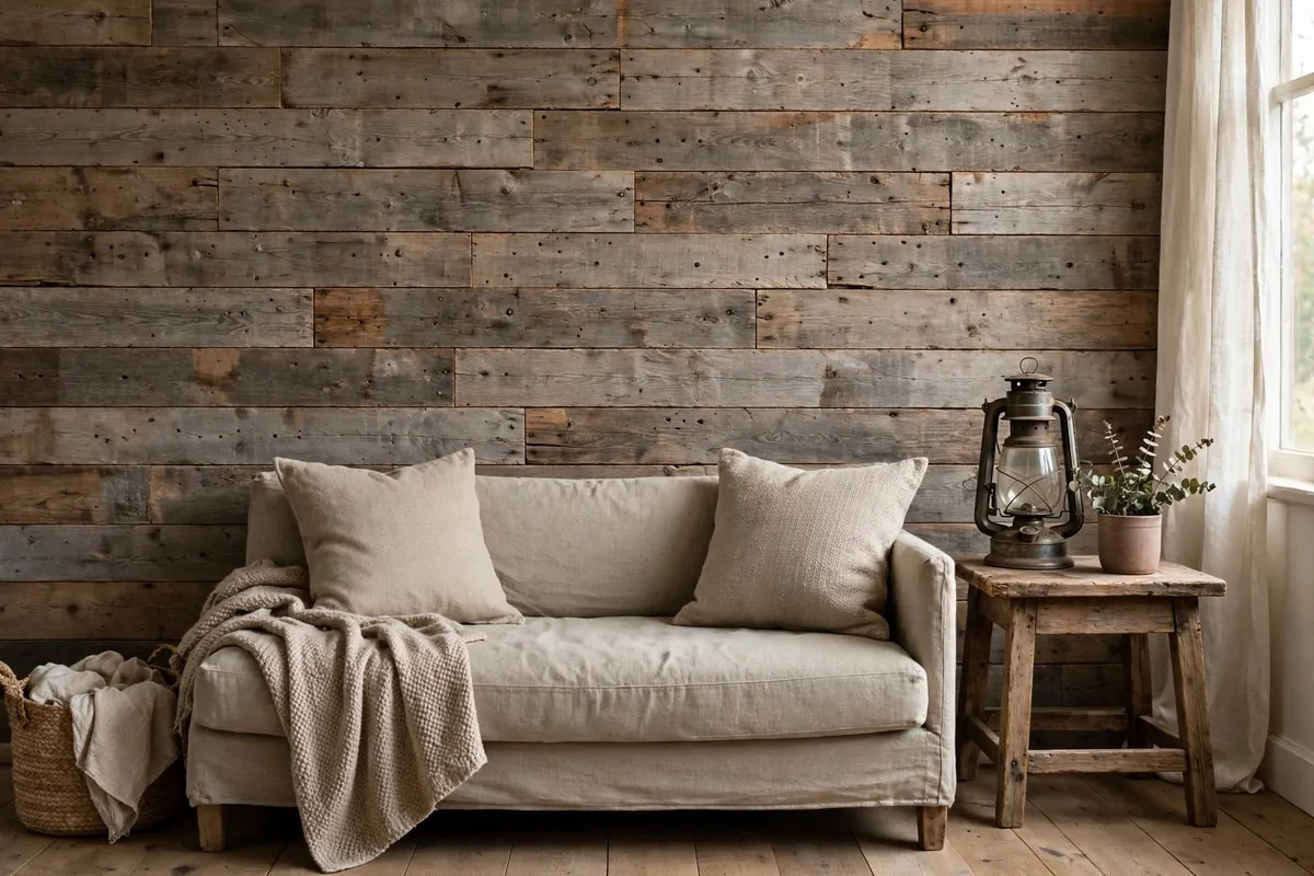 23 Western Home Ideas With Serious Ranch-House Charm 1 Reclaimed barn wood accent wall behind a rustic sofa