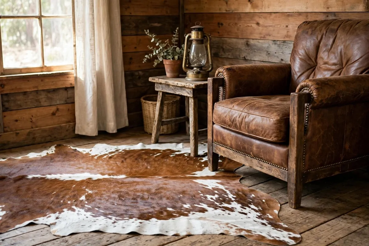 23 Western Home Ideas With Serious Ranch-House Charm 3 Brown and white cowhide rug in a western living room corner
