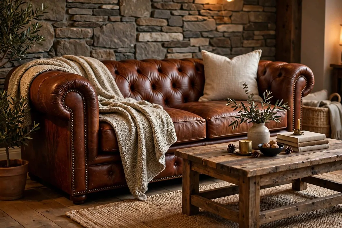 23 Western Home Ideas With Serious Ranch-House Charm 4 Cognac leather chesterfield sofa with wool throw in a rustic living room