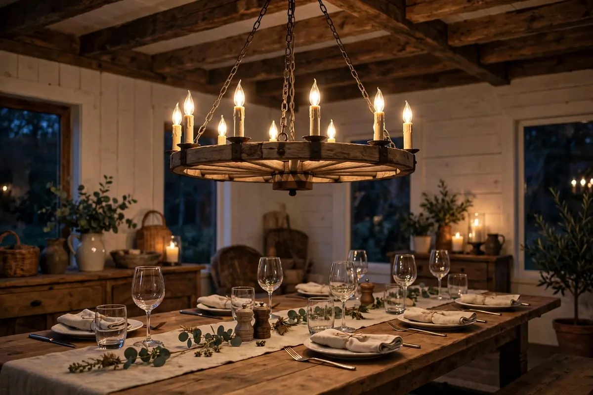23 Western Home Ideas With Serious Ranch-House Charm 5 Rustic wagon wheel chandelier over a farmhouse dining table