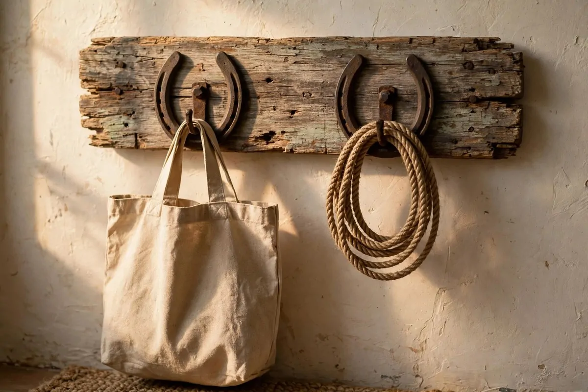 23 Western Home Ideas With Serious Ranch-House Charm 13 Iron horseshoes used as wall hooks on weathered wood
