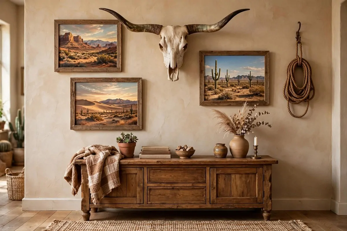 23 Western Home Ideas With Serious Ranch-House Charm 14 Cowboy hats on antler hooks beside rustic shelves