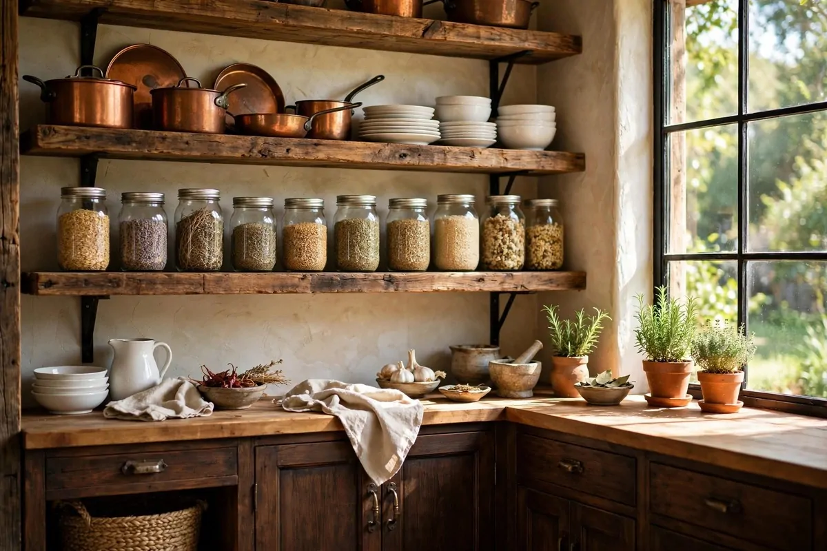 23 Western Home Ideas With Serious Ranch-House Charm 15 Ranch kitchen with open reclaimed wood shelves and copper pots