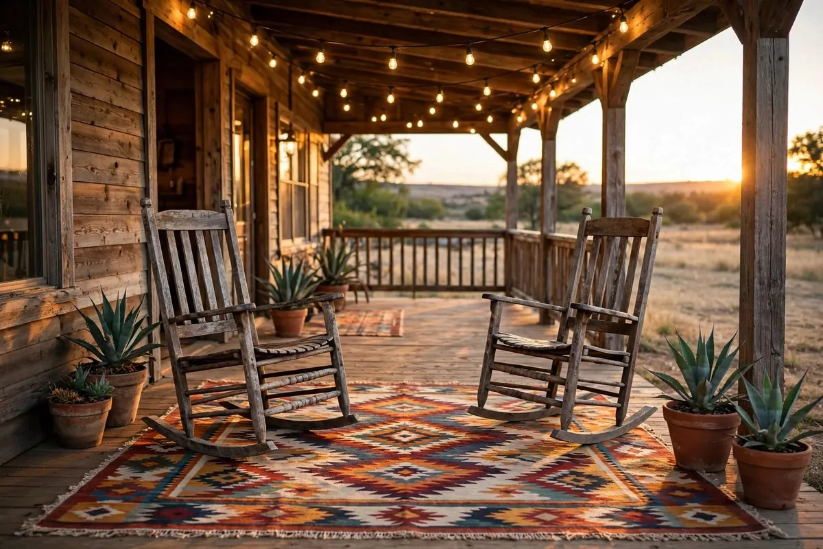 23 Western Home Ideas With Serious Ranch-House Charm 18 Ranch front porch with wooden rocking chairs and woven rug