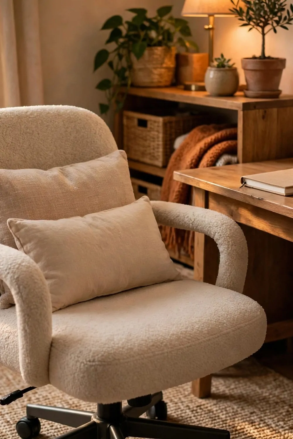 23 WFH Office Ideas for a Comfortable Work Day 1 A soft office chair with a cushion in a home office, warm light, comfortable workday