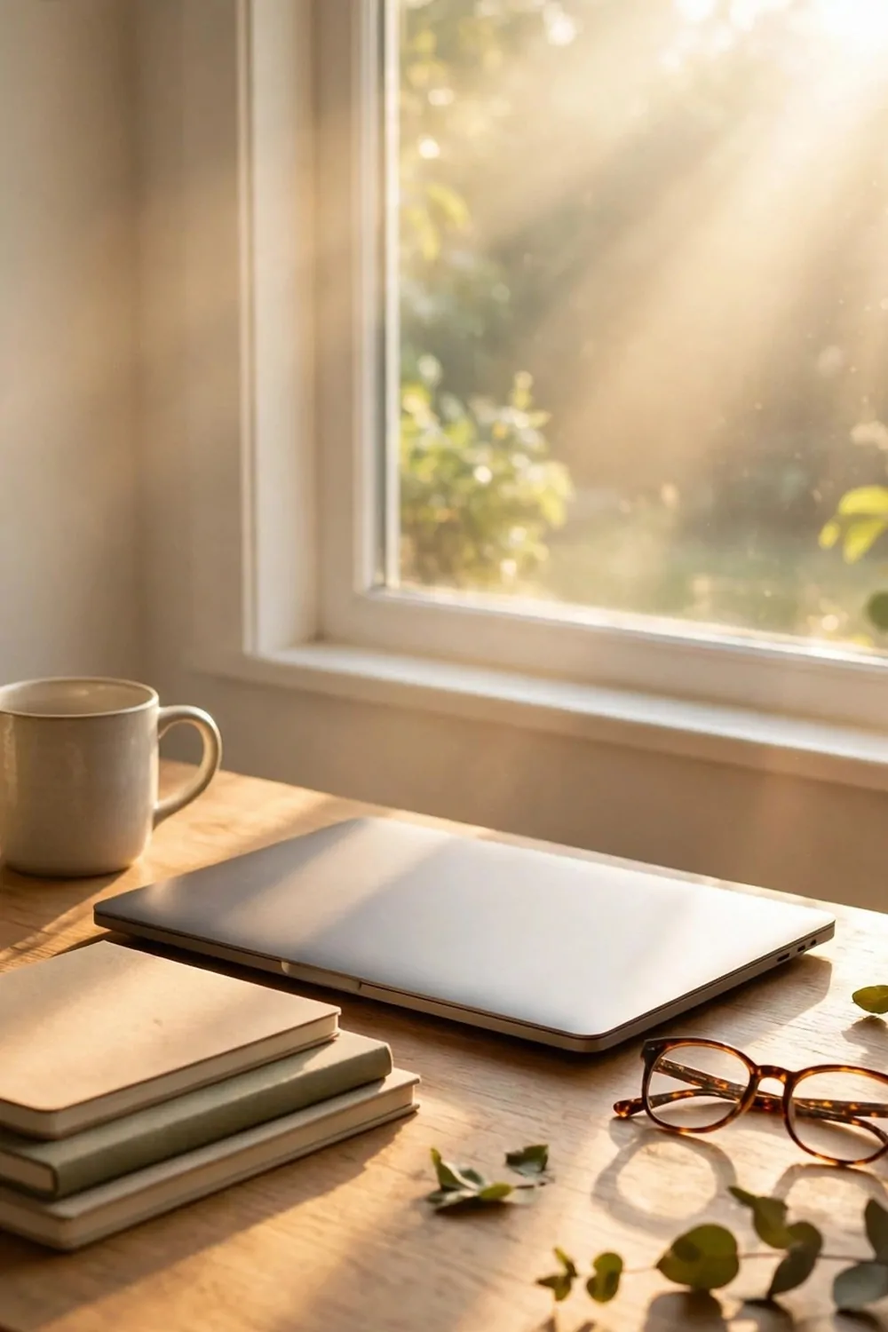 23 WFH Office Ideas for a Comfortable Work Day 3 Morning light coming through a window onto a home office desk, warm and bright