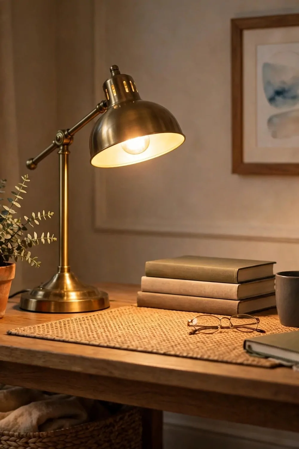 23 WFH Office Ideas for a Comfortable Work Day 4 A warm desk lamp glowing on a home office desk at home, soft light