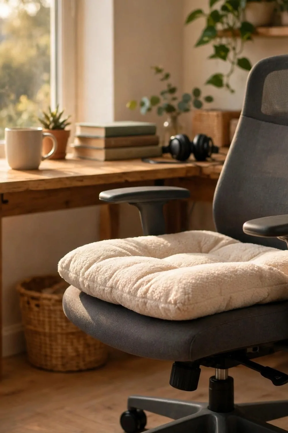 23 WFH Office Ideas for a Comfortable Work Day 5 A soft cushion on an office chair at home, warm light, cozy workday