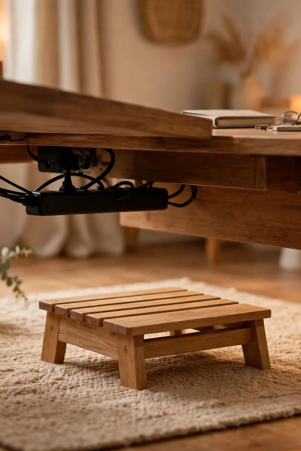 23 WFH Office Ideas for a Comfortable Work Day 6 A small wooden footrest under a home office desk, warm light, cozy floor