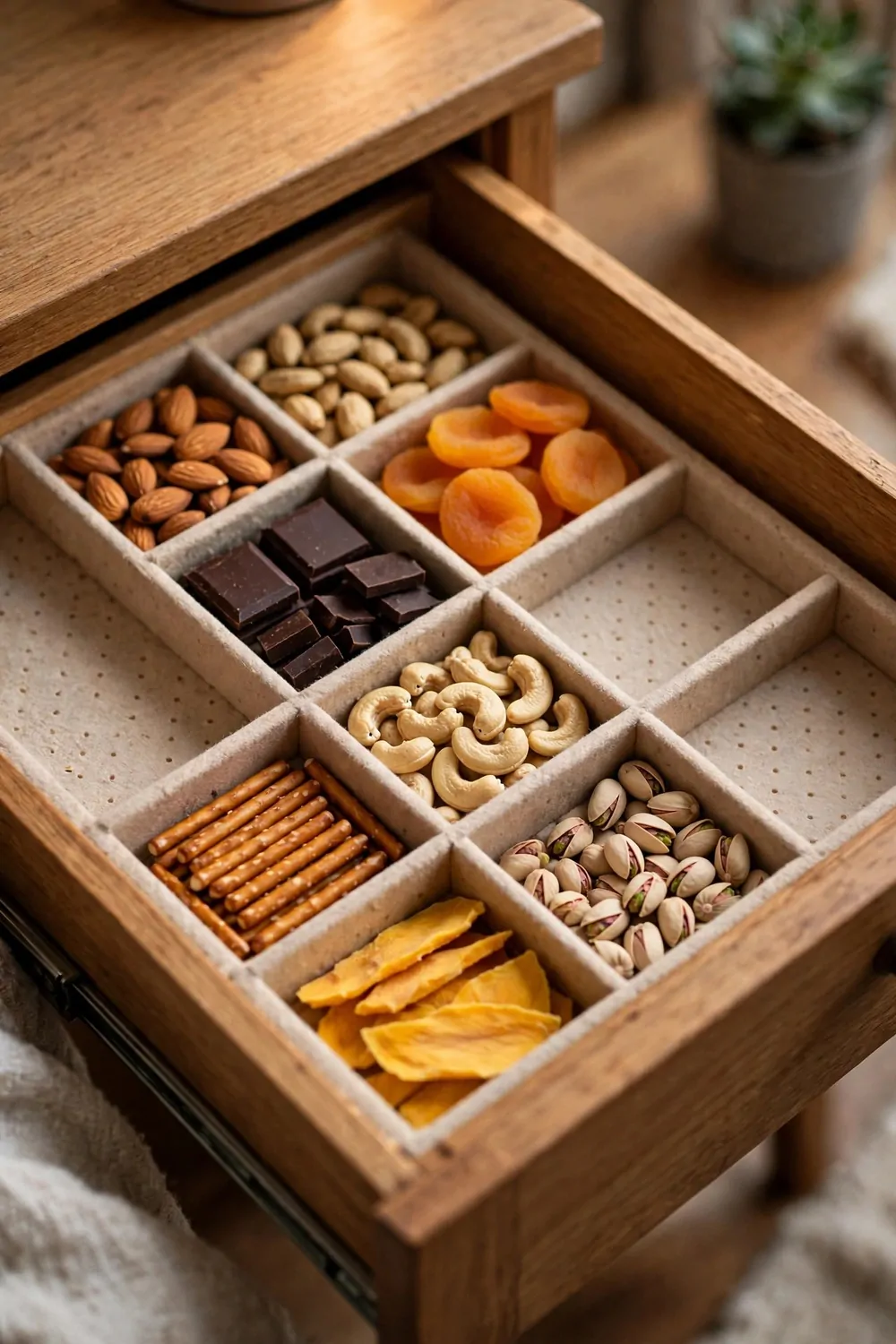 23 WFH Office Ideas for a Comfortable Work Day 8 A tidy desk drawer with small snacks at home, warm light, cozy office