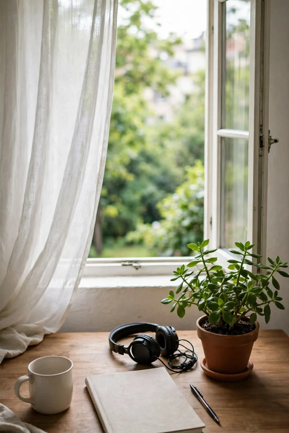 23 WFH Office Ideas for a Comfortable Work Day 9 Fresh air at a home office desk, open window, soft light, green plant