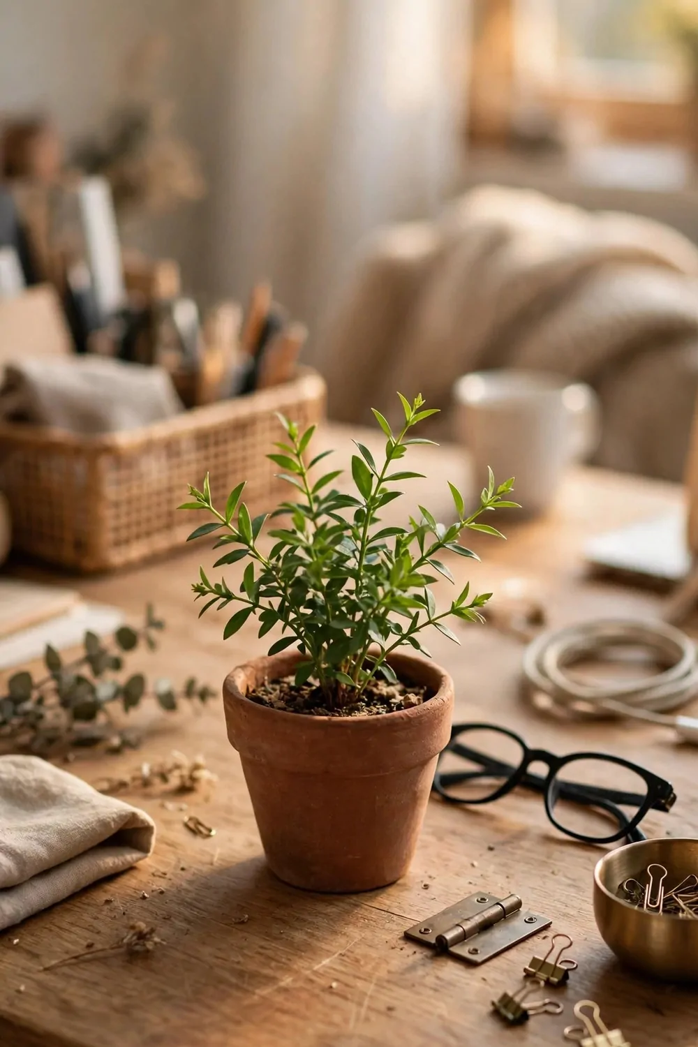 23 WFH Office Ideas for a Comfortable Work Day 10 A small green plant in a clay pot on a home office desk at home, warm light