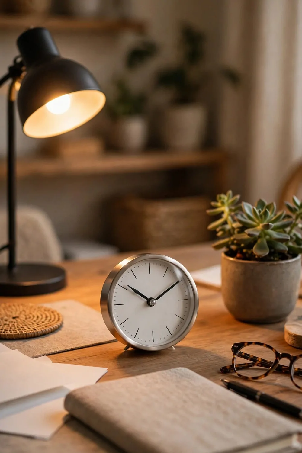 23 WFH Office Ideas for a Comfortable Work Day 11 A small round clock on a home office desk at home, warm lamp light