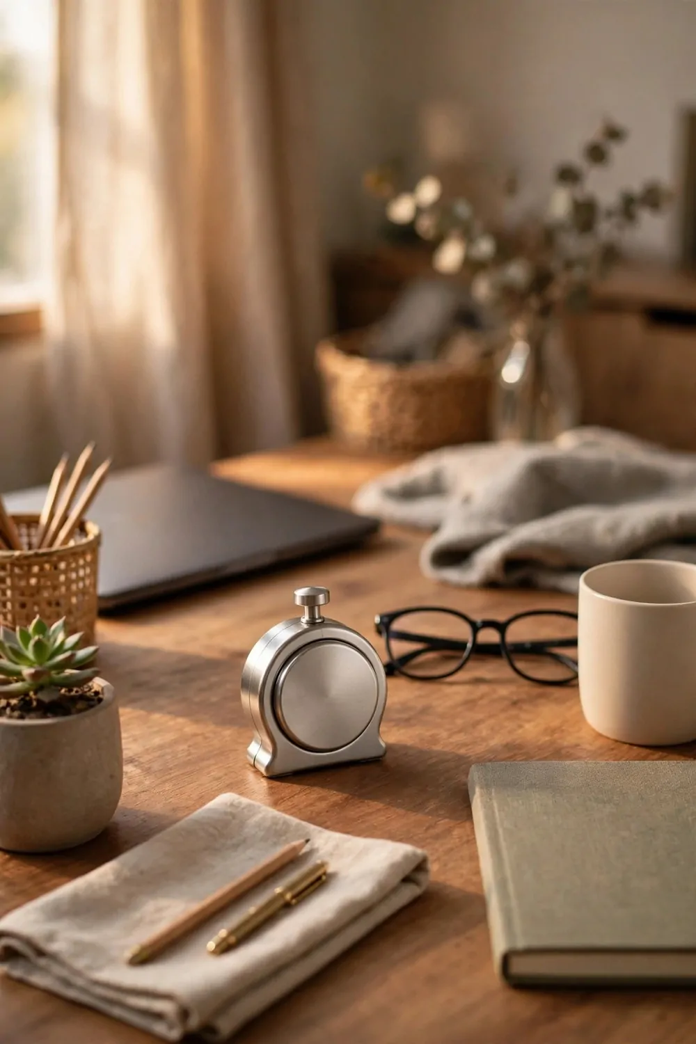 23 WFH Office Ideas for a Comfortable Work Day 12 A small kitchen timer on a home office desk at home, warm light, calm workspace