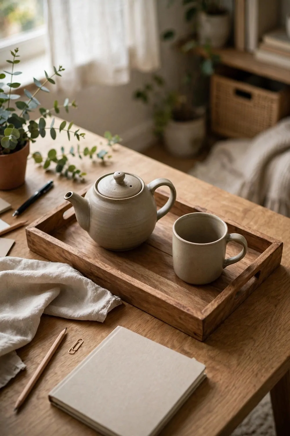 23 WFH Office Ideas for a Comfortable Work Day 14 A wooden tray with a teapot and mug on a home office desk at home, soft light