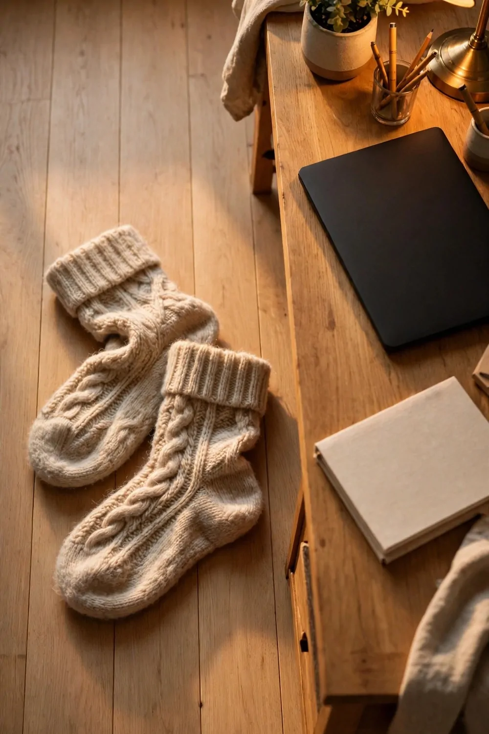23 WFH Office Ideas for a Comfortable Work Day 15 Soft warm socks on a wooden floor beside a home office desk, warm light